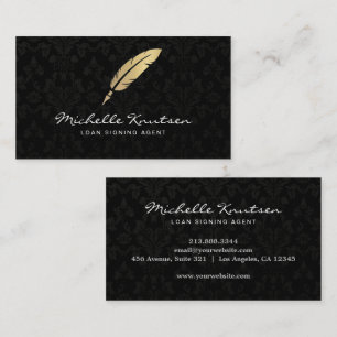 Modern Notary Loan Signing Agent Black Gold Damask Business Card