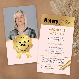 Modern Notary Public Photo Blush Pink & Gold Business Card