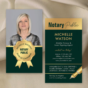 Modern Notary Public Photo Green & Gold Business Card