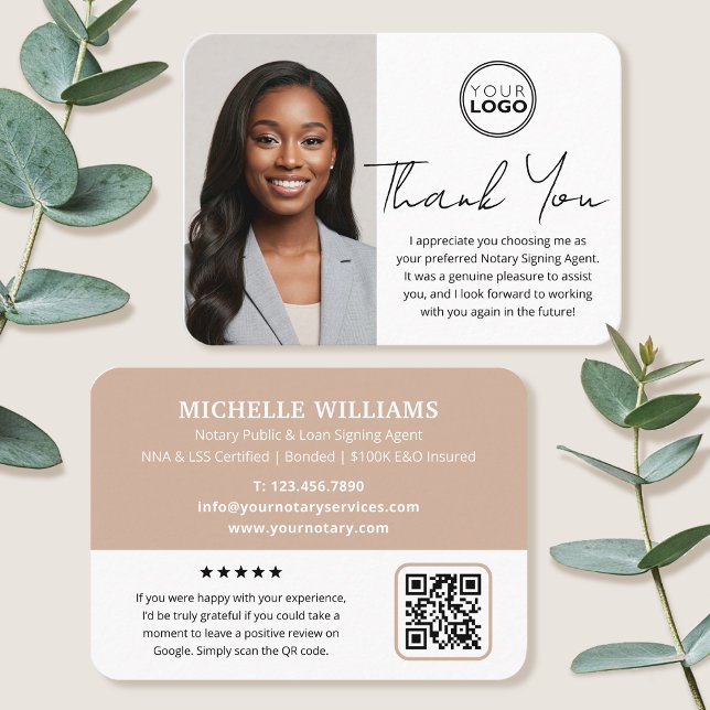 Modern Notary Public Thank You Photo QR Code Beige Business Card (Creator Uploaded)