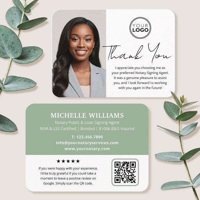 Modern Notary Public Thank You Photo QR Code Green Business Card (Creator Uploaded)