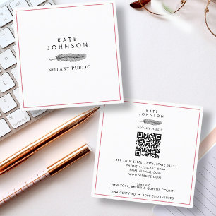 Modern Notary Signing Agent Feather Quill Logo Square Business Card