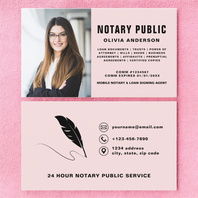 Modern Notary Signing Agent Photo Blush Pink Business Card (Creator Uploaded)