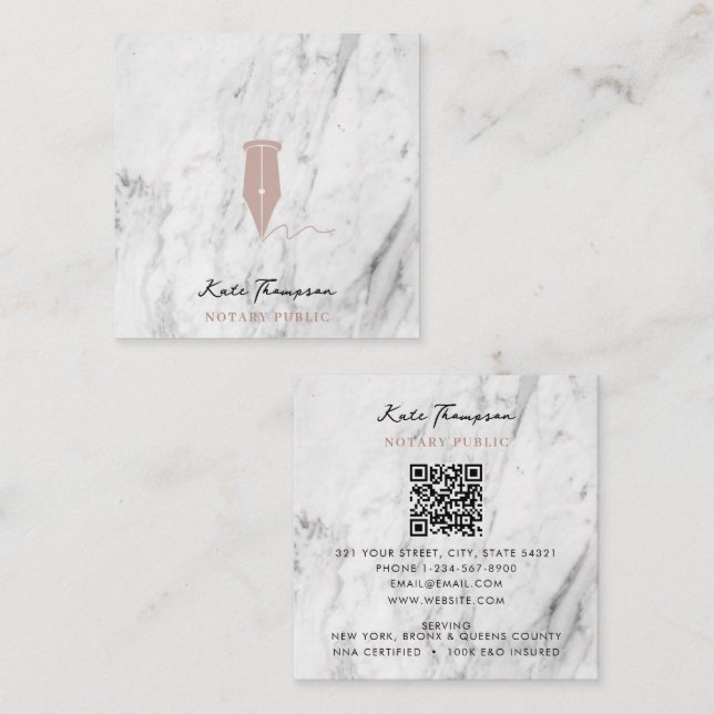 Modern Notary Signing Agent QR Code Marble Pink Square Business Card (Front/Back)
