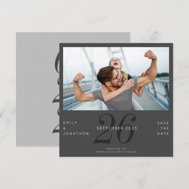 Modern Number Date Photo Dark Grey Save The Date (Front/Back)