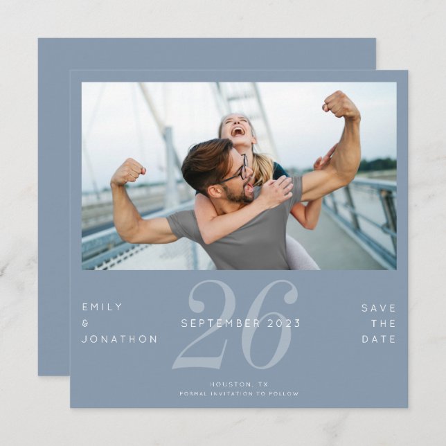 Modern Number Date Photo Dusty Blue Save The Date (Front/Back)