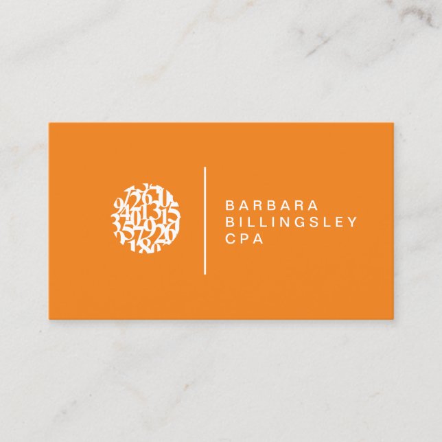 Modern Numbers Logo Orange Accountant Business Card (Front)
