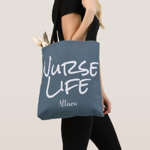 Modern Nurse Blue White Script Medical Monogram Tote Bag
