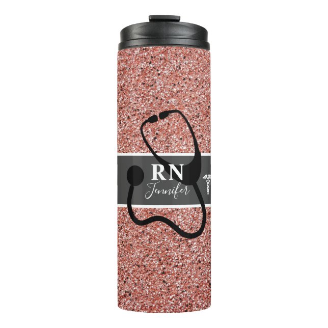 Modern Nurse Pink Rose Gold Glitter Personalised Thermal Tumbler (Front)