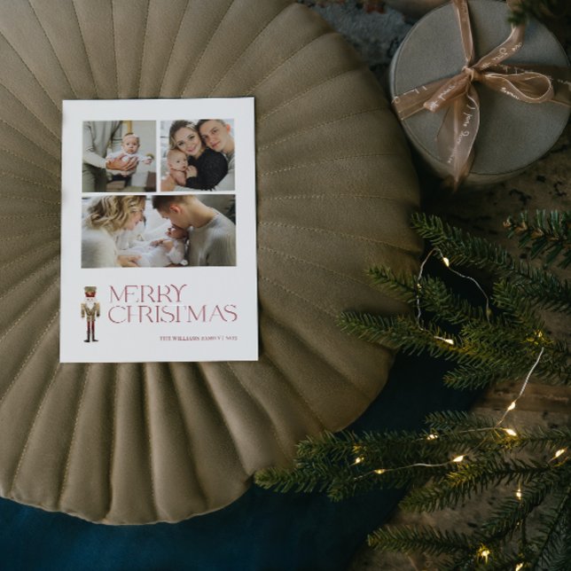 Modern Nutcracker Merry Christmas 3 Photo Holiday Postcard (A Nutcracker Holiday! Wishing You a Merry Christmas in Modern Minimalist Style. 🎄🎭 [Your Photo Her)