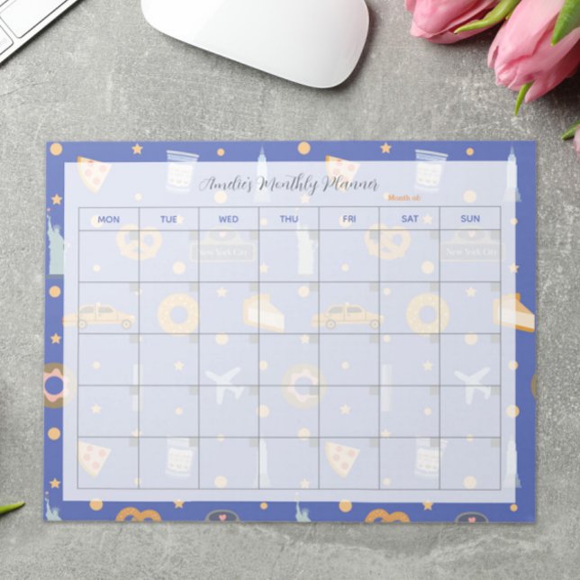 Modern NYC Pattern Blue Monthly Planner Name Notepad (Creator Uploaded)