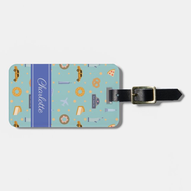Modern NYC Pattern Green Custom Name  Luggage Tag (Front Horizontal)