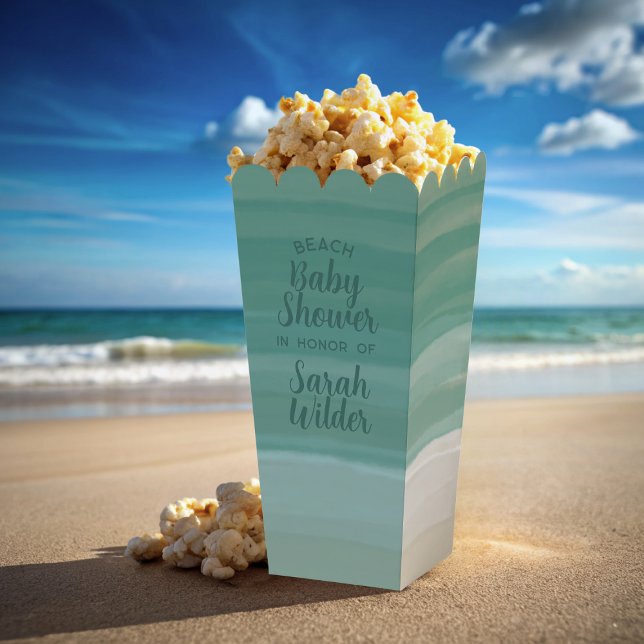 Modern Ocean Beach Baby Shower Favour Boxes (Beach baby shower? Just add your name to these popcorn favor boxes)