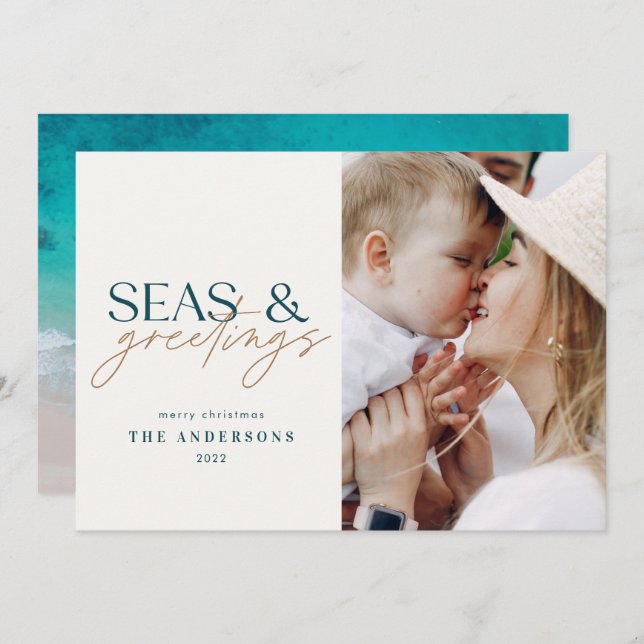 modern ocean beach family photo Holiday Card (Front/Back)