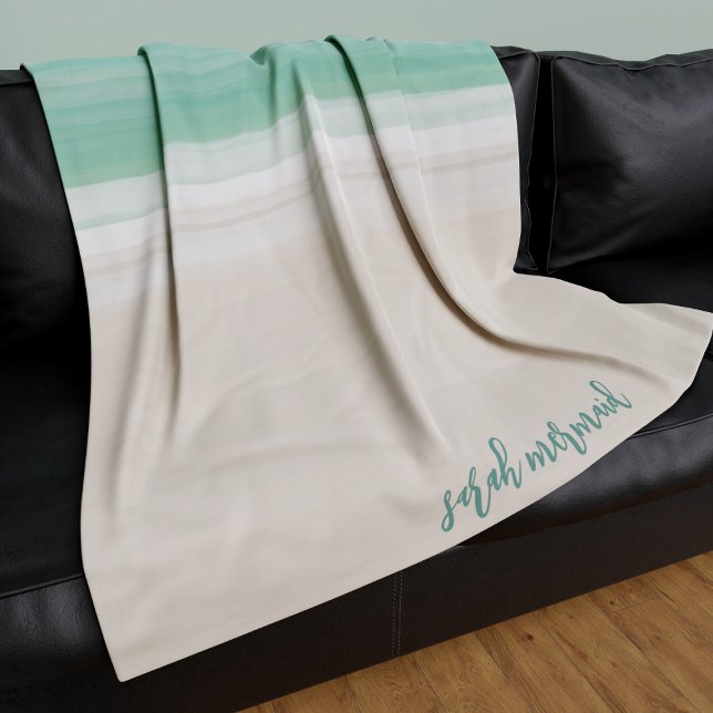 Modern Ocean Beach Turquoise Sand Fleece Blanket (A modern turquoise sea and a sandy beach fleece blanket waiting for you to add your name.)