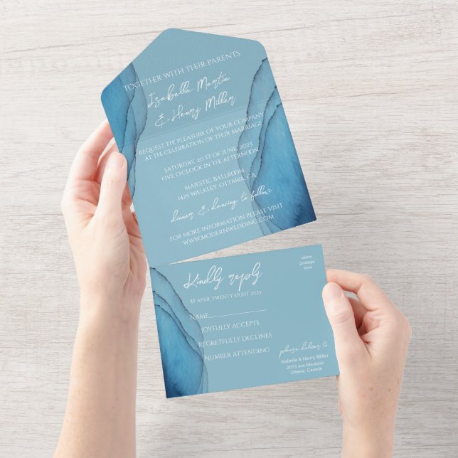 Modern ocean blue aquamarine all in one invitation (Tearaway)