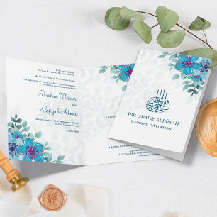 Modern Ocean Blue Floral Islamic Muslim Wedding Invitation
