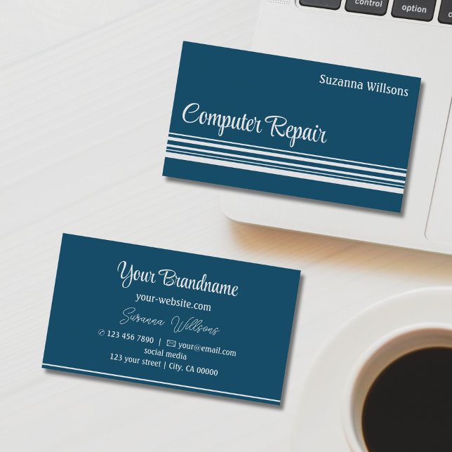 Modern Ocean Blue Light Grey Stripes Professional Business Card (Creator Uploaded)
