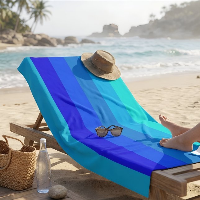 Modern Ocean Blue Ombre Gradient Vertical Stripes Beach Towel (Creator Uploaded)