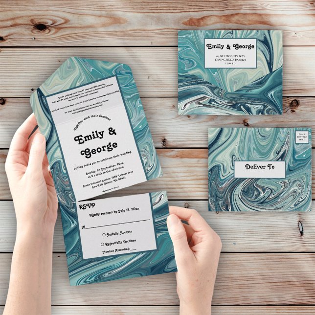 Modern Ocean Blue Waves Pastel Abstract Wedding All In One Invitation (Creator Uploaded)