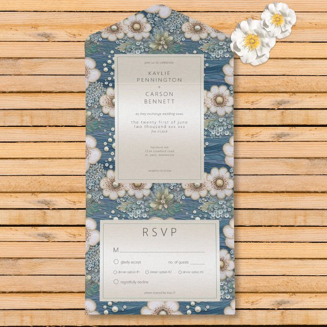 Modern Ocean Floral Satin & Pearls Dinner All In One Invitation (Modern Ocean Floral Satin & Pearls Dinner All In One Invitation)