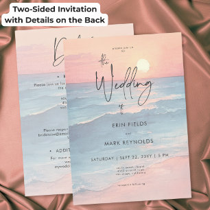 Modern Ocean Sunset Beach Two Sided Wedding Invitation