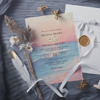 Modern Ocean Sunset Budget QR Code Wedding Invitation
