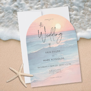 Modern Ocean Sunset Watercolor Beach Arch Wedding Invitation