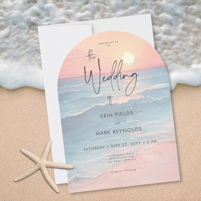 Modern Ocean Sunset Watercolor Beach Arch Wedding Invitation (Modern Ocean Sunset Watercolor Beach Arch Wedding Invitation)