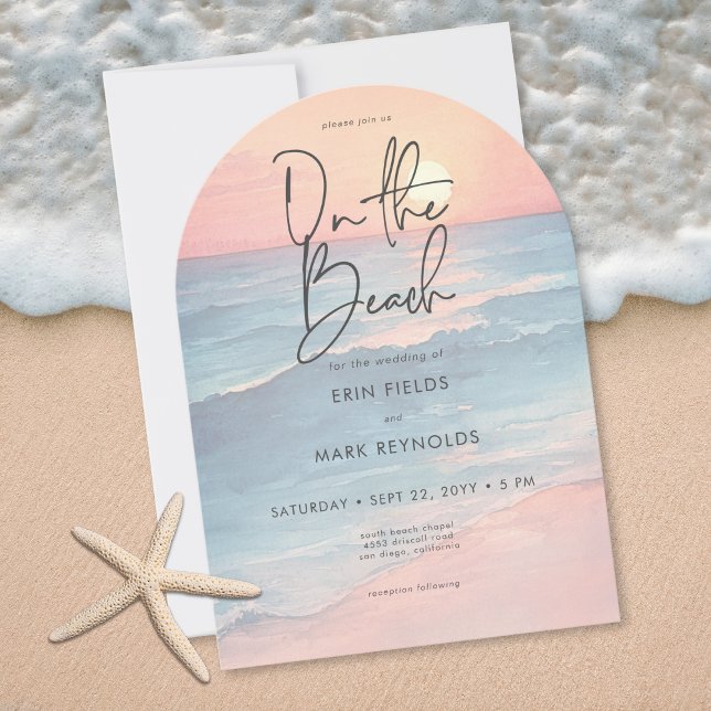 Modern Ocean Sunset Watercolor Beach Arch Wedding Invitation (Creator Uploaded)