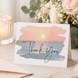 Modern Ocean Sunset Watercolor Beach Photo Wedding Thank You Card