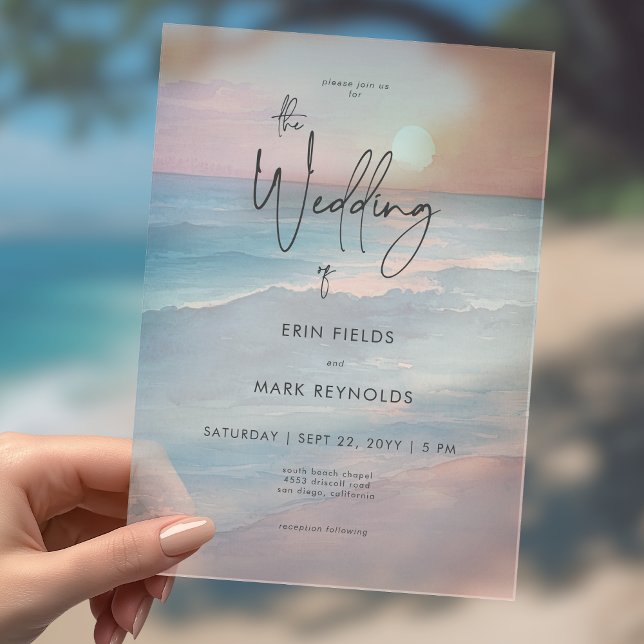 Modern Ocean Sunset Watercolor Beach Wedding Acrylic Invitations (Creator Uploaded)