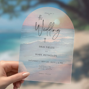 Modern Ocean Sunset Watercolor Beach Wedding Acrylic Invitations