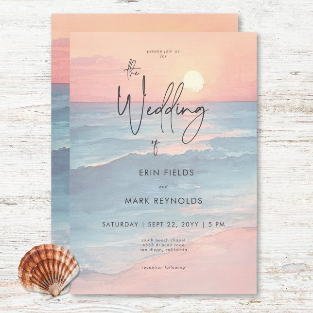 Modern Ocean Sunset Watercolor Beach Wedding Invitation (Modern Ocean Sunset Watercolor Beach Wedding Invitation)