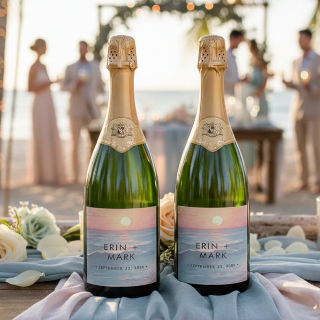 Modern Ocean Sunset Watercolor Beach Wedding Sparkling Wine Label (Creator Uploaded)