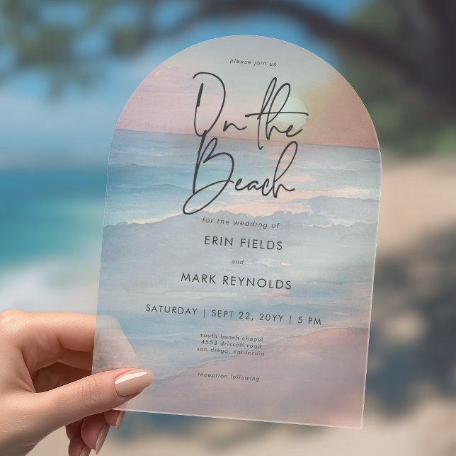 Modern Ocean Sunset Watercolor On Beach Wedding Acrylic Invitations (Creator Uploaded)