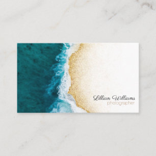 Modern Ocean Teal Waves Gold Glitter Ombre Coast Business Card