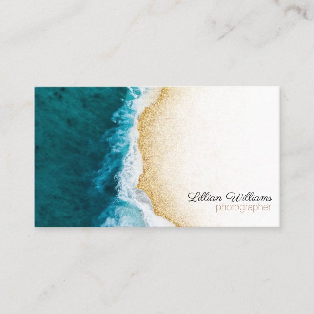 Modern Ocean Teal Waves Gold Glitter Ombre Coast Business Card (Front)