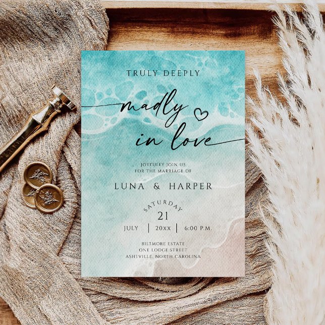 Modern Ocean Tide Watercolor Beach Wedding Invitation (Creator Uploaded)