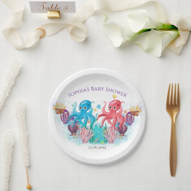 Modern Ocean Twin Octopus Watercolour Colourful   Paper Plate (Wedding)