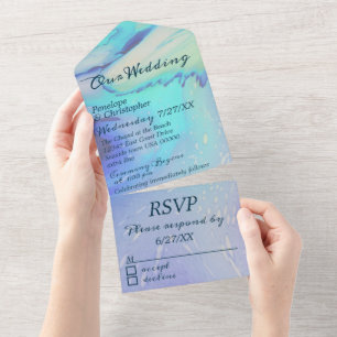 Modern Ocean Water Blue Abstract Beach Wedding All In One Invitation