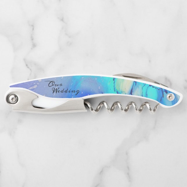 Modern Ocean Water Blue Abstract Beach Wedding  Corkscrew (Front)