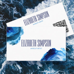 Modern Ocean Waves Blue Watercolor QR Code Business Card
