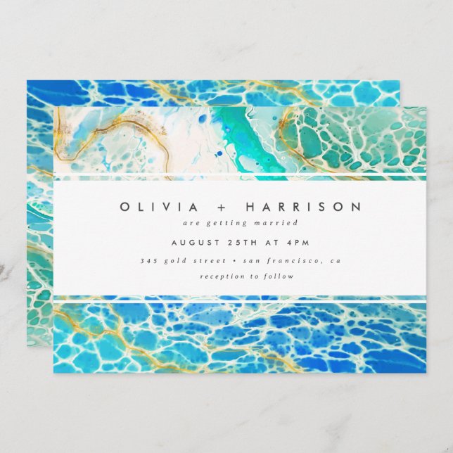 Modern Ocean Waves Turquoise Blue Wedding Invitation (Front/Back)