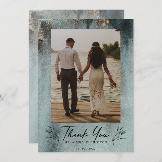 Modern Oceanic Watercolor w/Gold Photo Thank You Card (Front/Back)