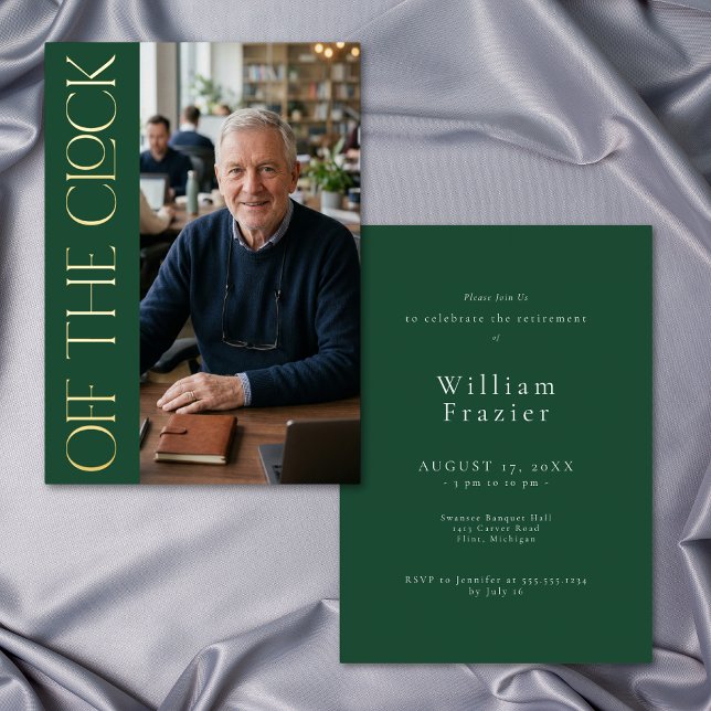 Modern Off Clock Green Retirement Photo Party (Modern Off Clock Green Retirement Photo Party Foil Invitation)