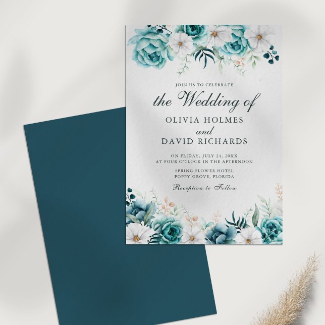 Modern Off-White Teal Floral Wedding Invitation (Modern Off-White Teal Floral Wedding Invitation on a white table.)