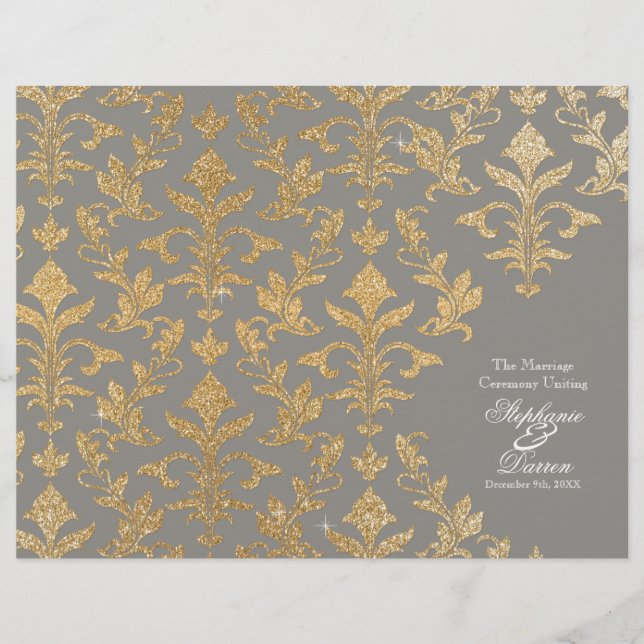 Modern Offset Damask Glitter Look Wedding Program (Front)