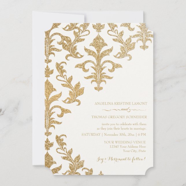 Modern Offset Damask Wedding Invitations Faux Gold (Front)