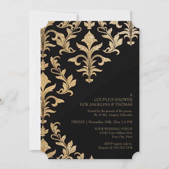 Modern Offset Damask Wedding Invitations Faux Gold (Front)